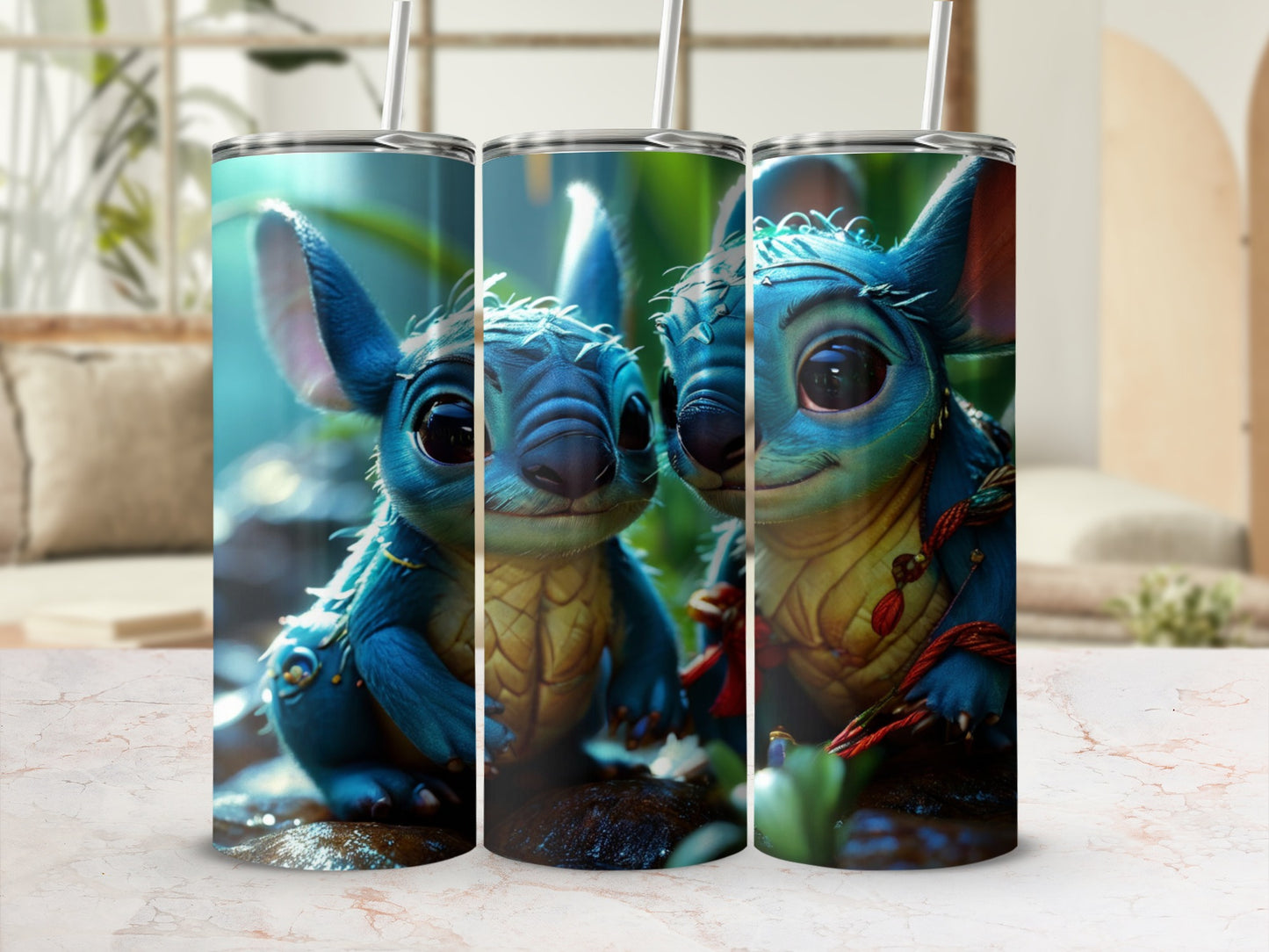 Blue alien character with large ears and red stripes on a tumbler.