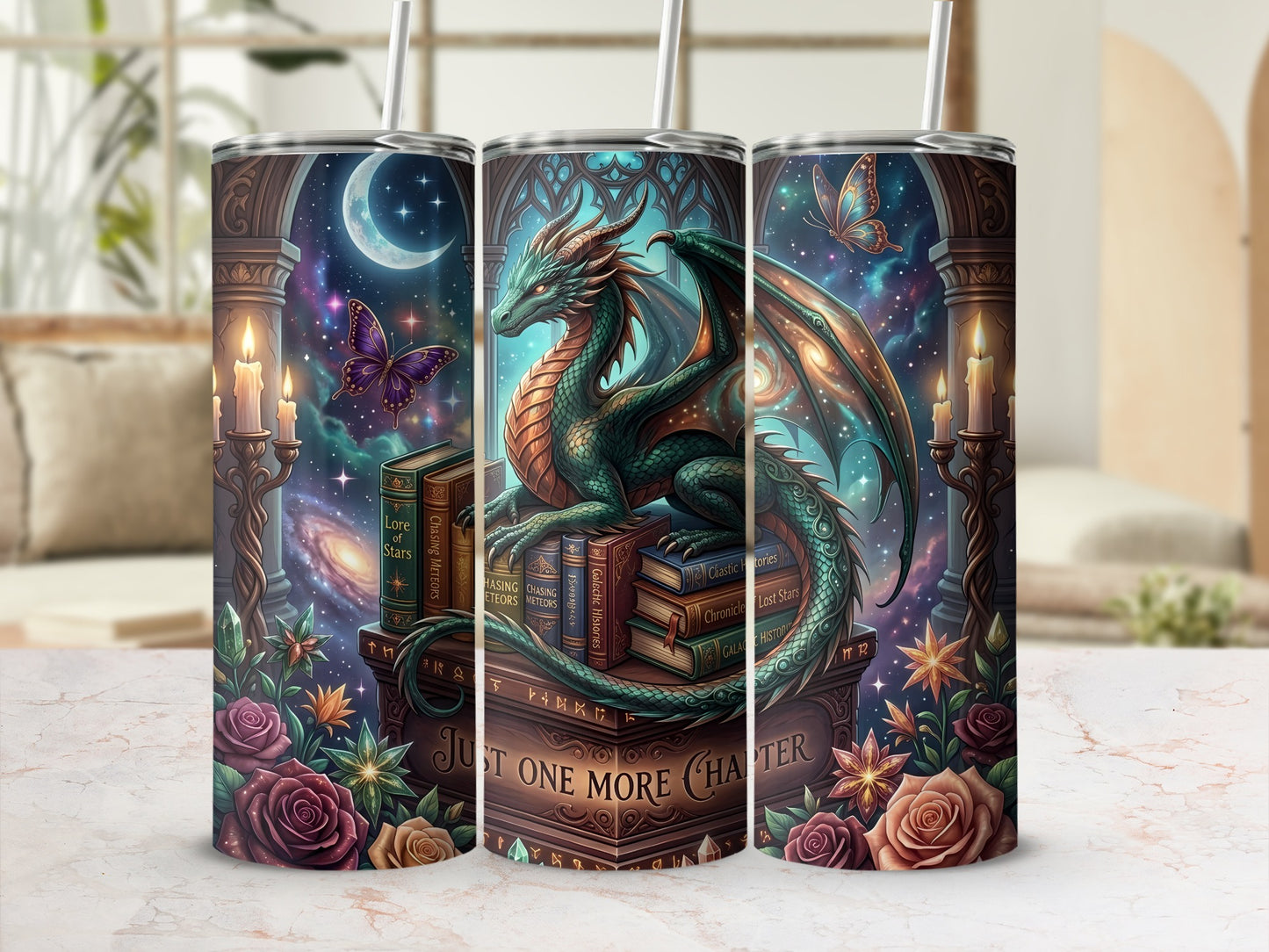 Dragon on books with text "Just One More Chapter," moon, butterflies, and roses.