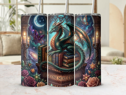 Dragon on books with text "Just One More Chapter," moon, butterflies, and roses.