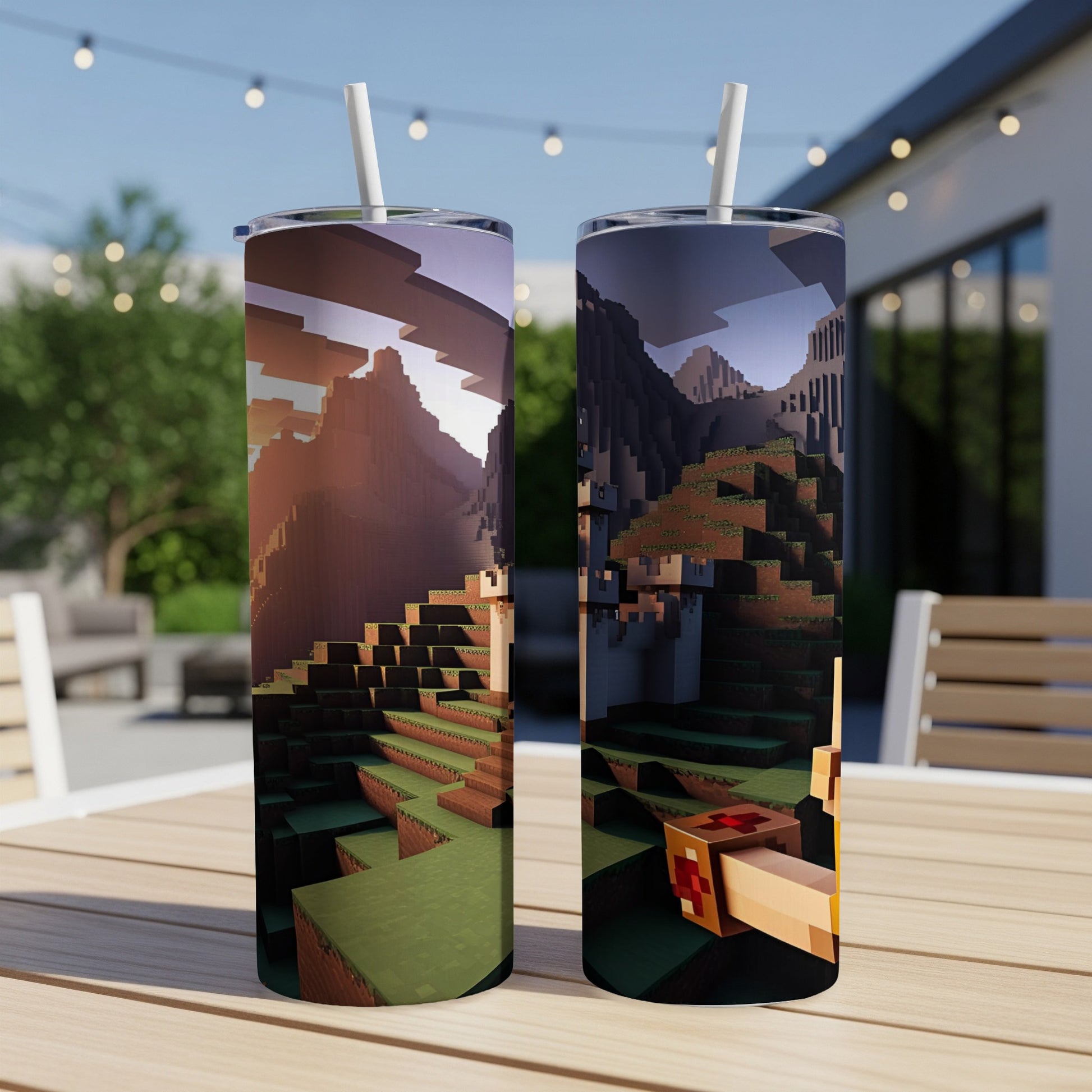 Minecraft-themed tumbler with a castle and grassy landscape.