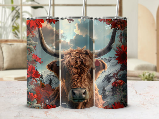 Highland cow with floral and mountain background on three tumblers.