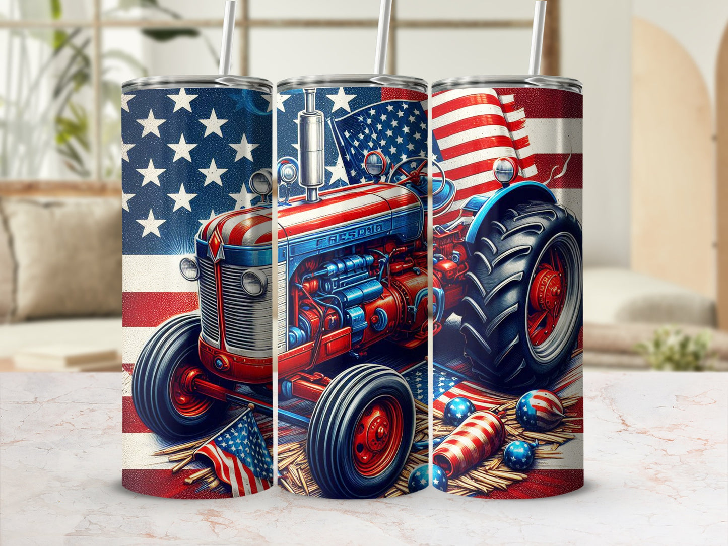 Red, white, and blue tractor with American flag and fireworks design on tumbler.