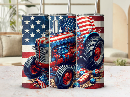 Red, white, and blue tractor with American flag and fireworks design on tumbler.