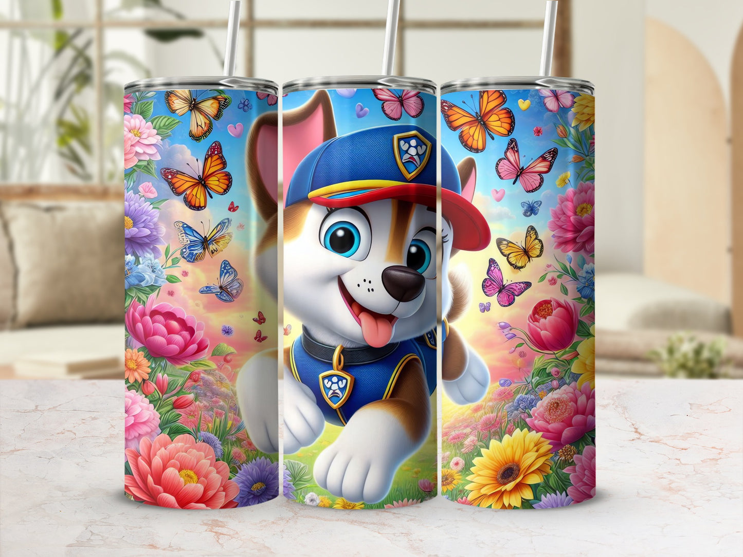 Colorful Puppy and Butterflies Floral Tumbler Cup