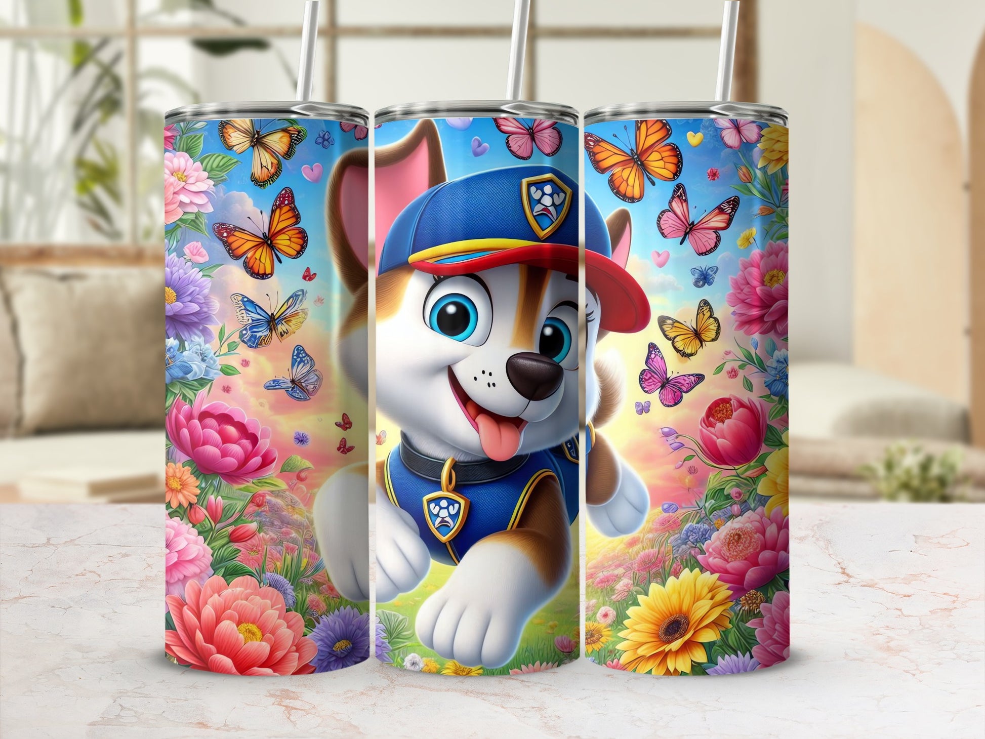 Colorful Puppy and Butterflies Floral Tumbler Cup