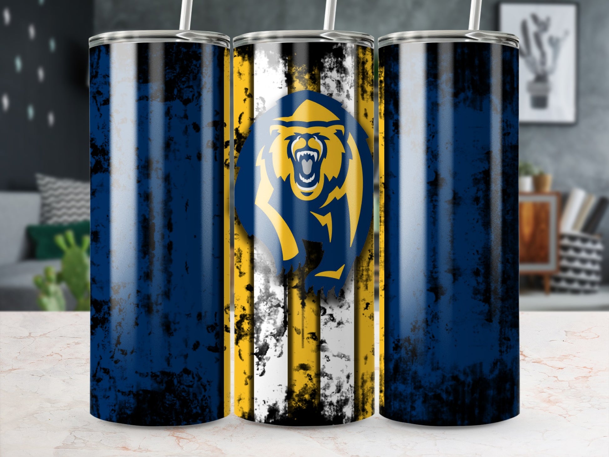 Bold Blue and Yellow Bear Design Beverage Tumbler