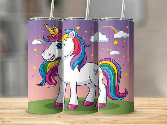 White unicorn with rainbow mane on a purple starry sky background.