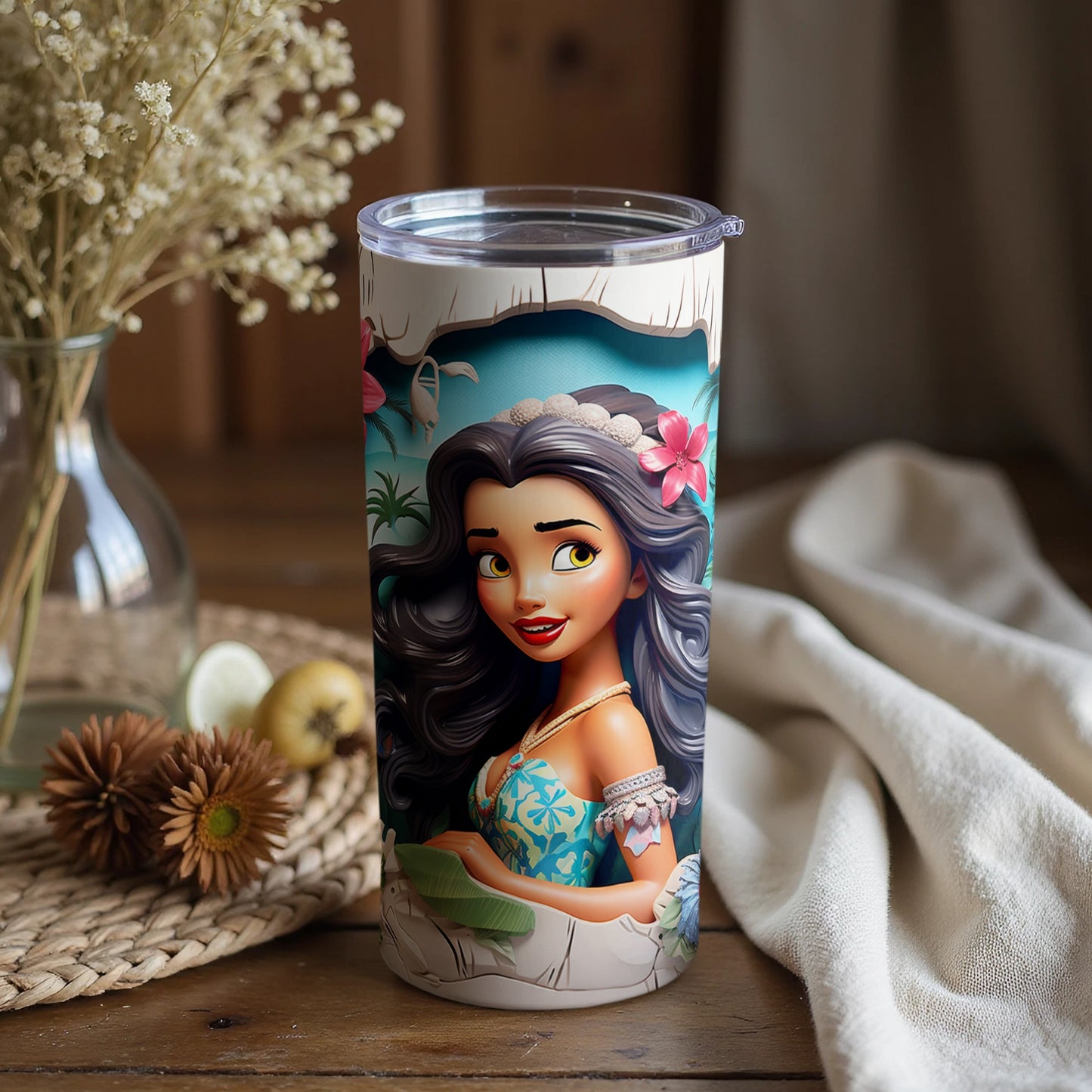 Vibrant floral adorned animated character tumbler