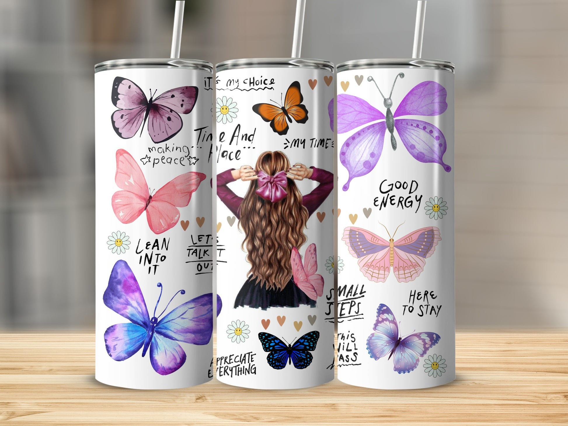 Inspirational Butterfly Design Travel Tumbler with Straw