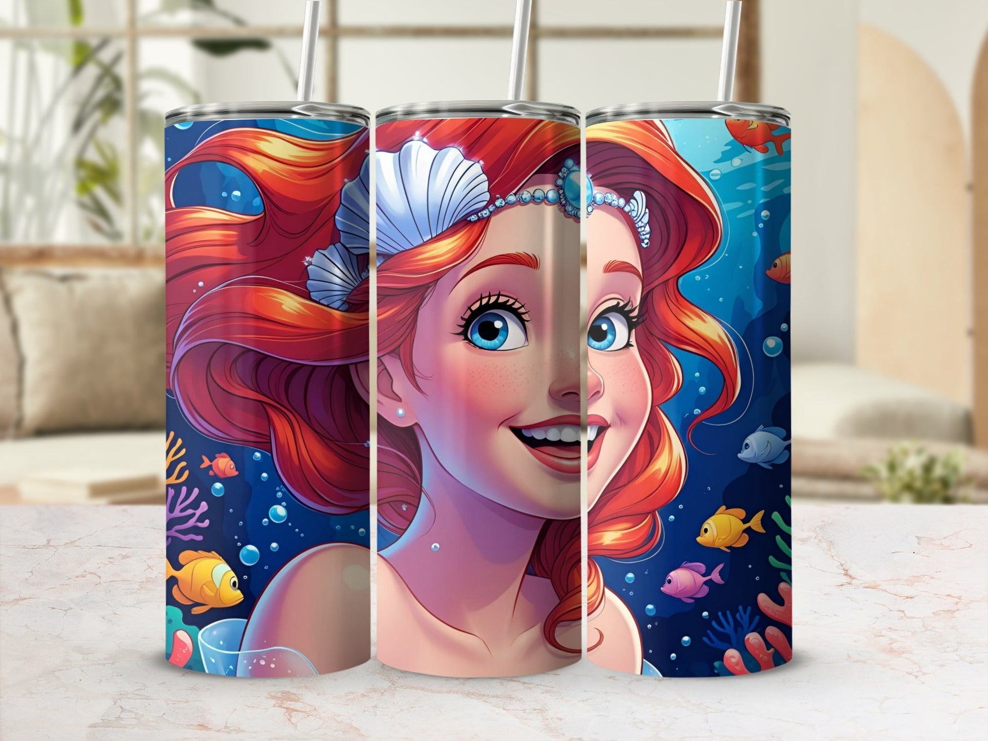 Red-haired mermaid with blue eyes smiles, surrounded by colorful fish and coral.
