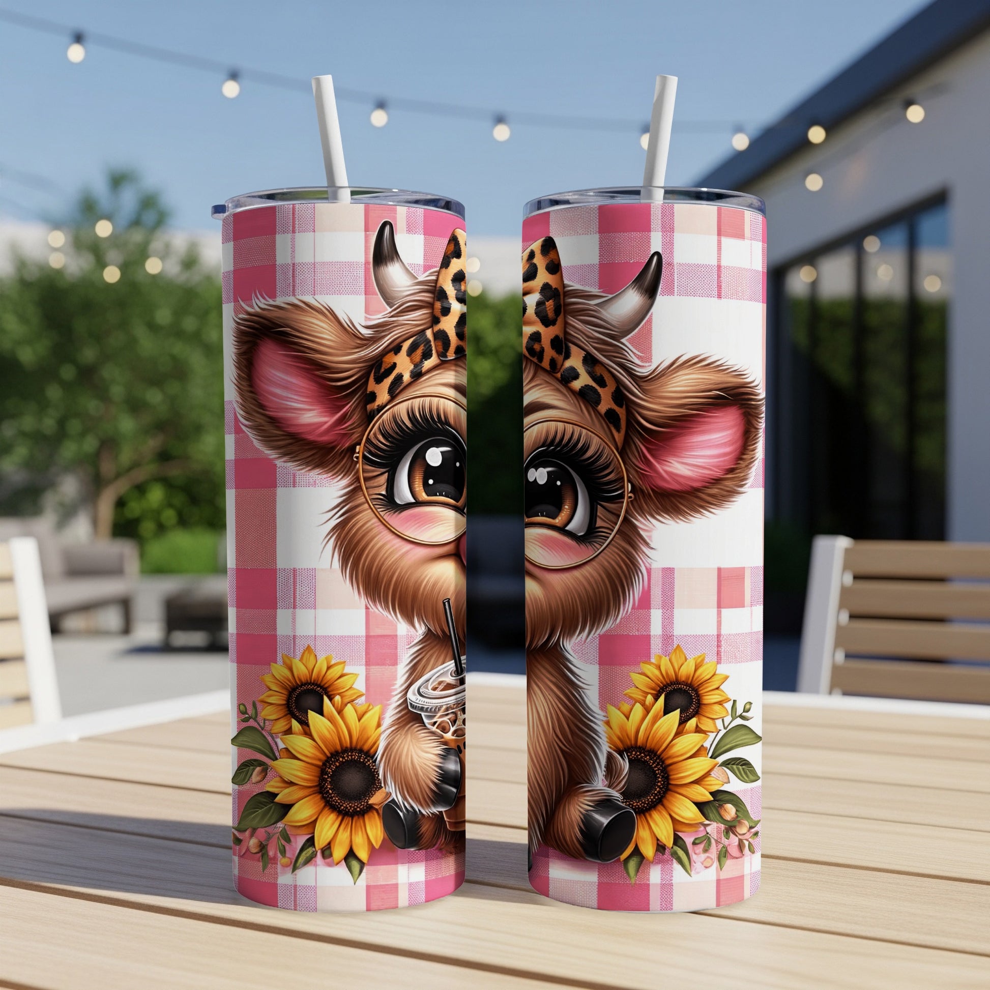 Cute cartoon cow with sunflowers on a pink plaid tumbler.