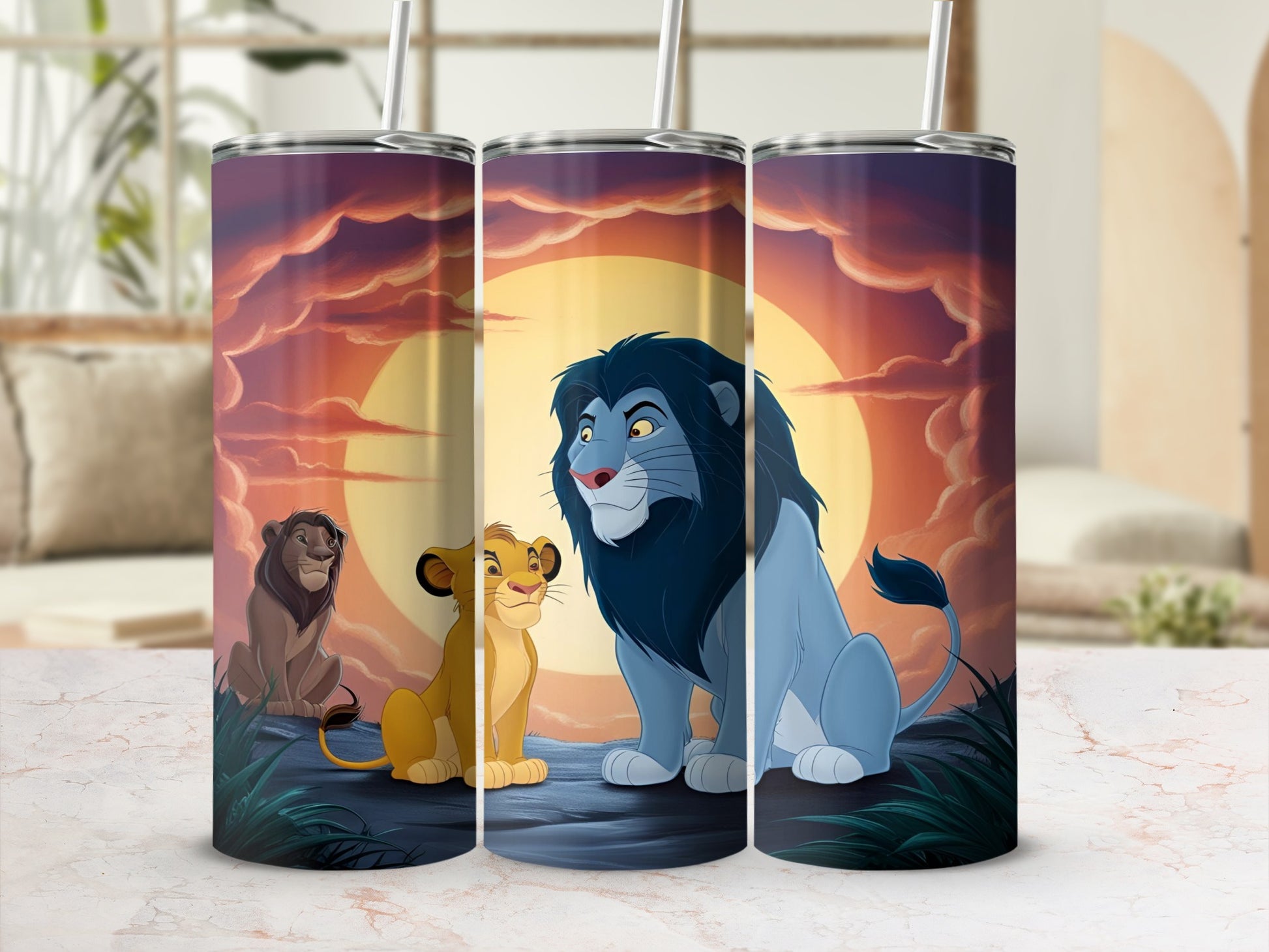 The Lion King characters Simba, Mufasa, and Scar on a tumbler wrap.
