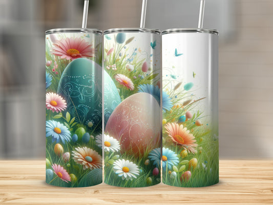 Three Easter-themed tumblers with floral and egg designs on a wooden surface.