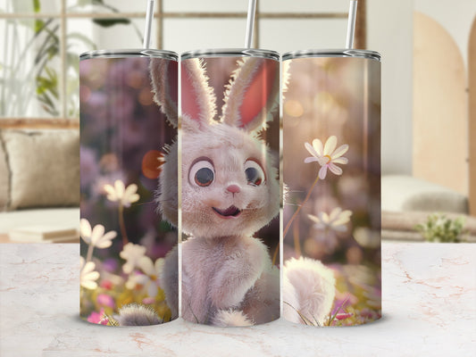 Cartoon bunny with large eyes and a straw in a field of flowers.
