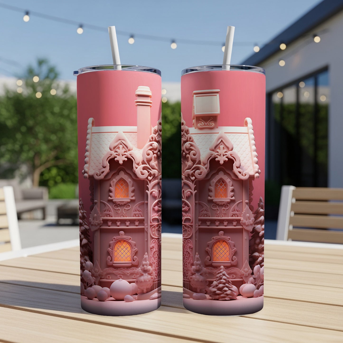 Pink gingerbread house tumbler with frosted trees and windows.
