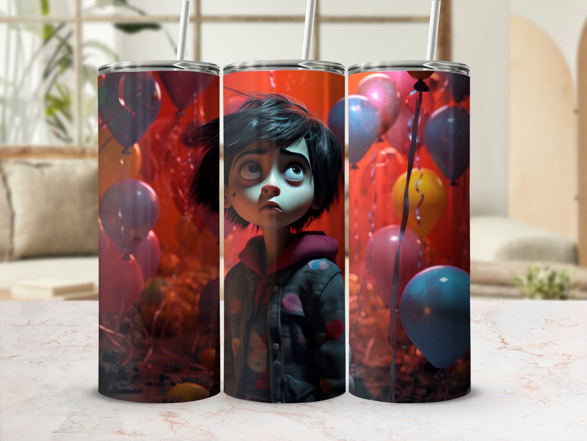 Three tumblers with a cartoon girl surrounded by colorful balloons on an orange background.