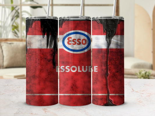 Three red Esso lubricant tumblers with dripping black oil and logos.