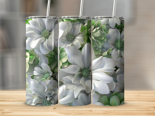 Three white floral tumblers with green succulents on a wooden surface.