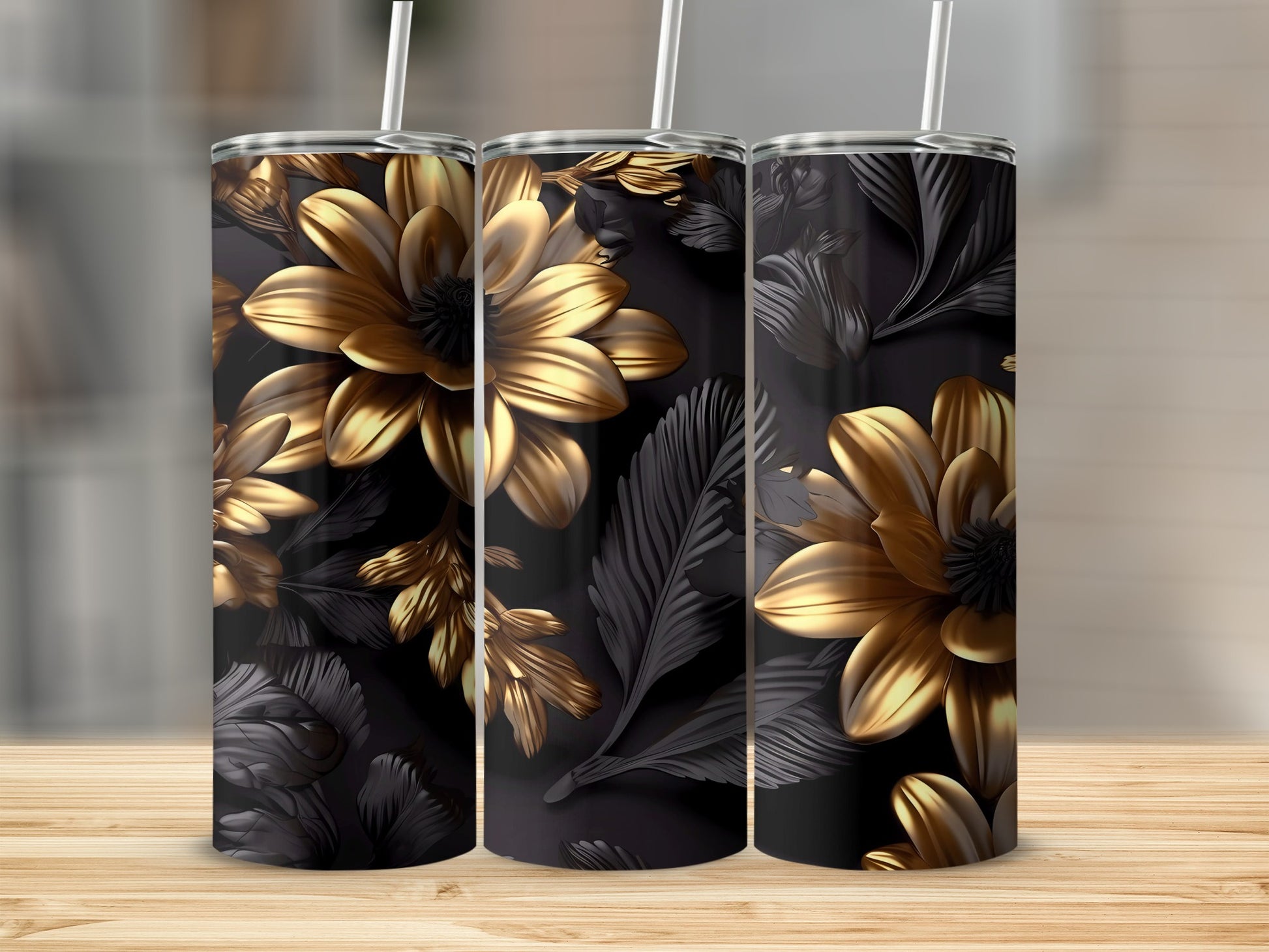 Elegant Black and Gold Floral Design Tumbler Cup