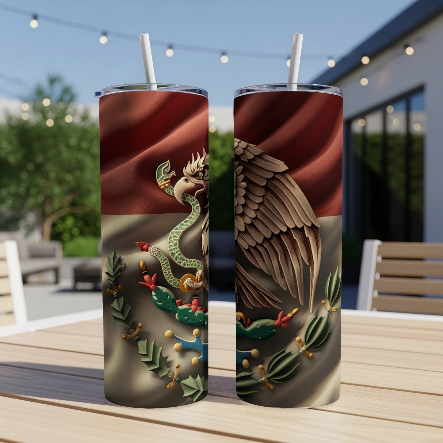 Two tumblers with Mexican flag design featuring eagle and snake.