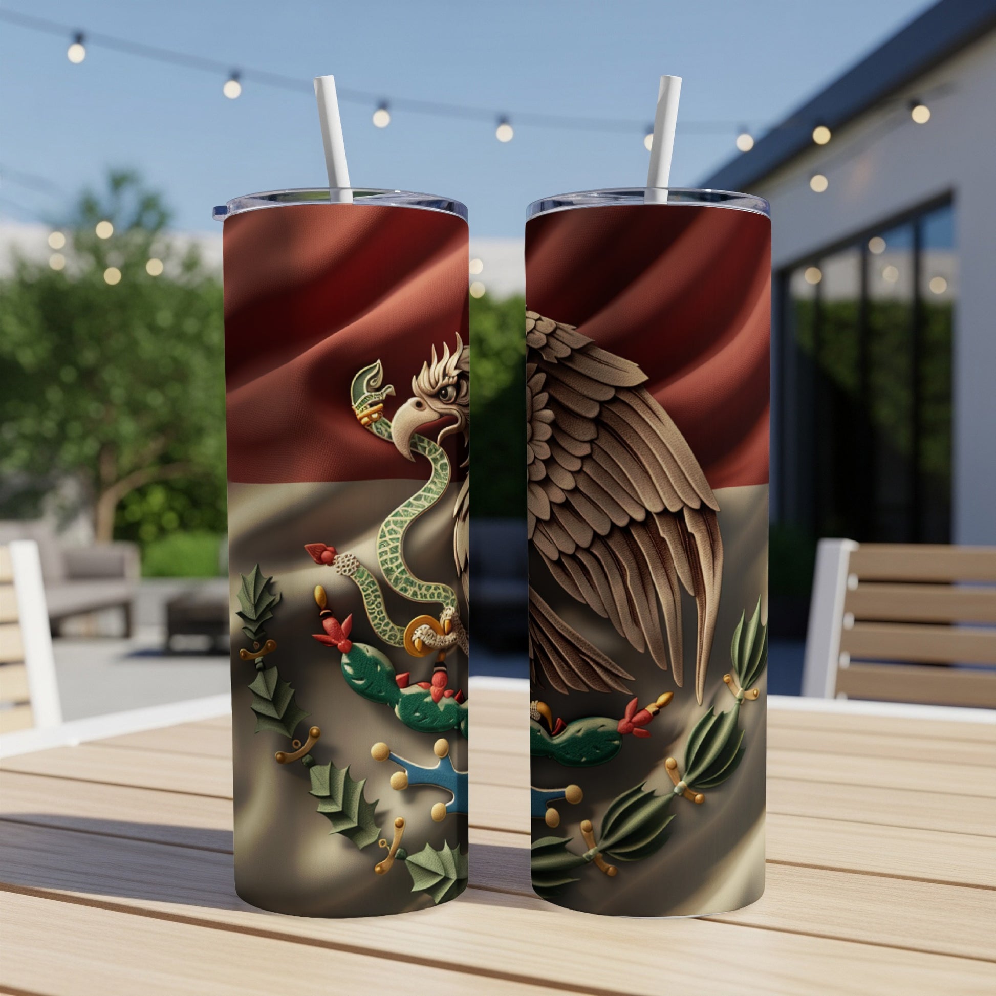 Two tumblers with Mexican flag design featuring eagle and snake.