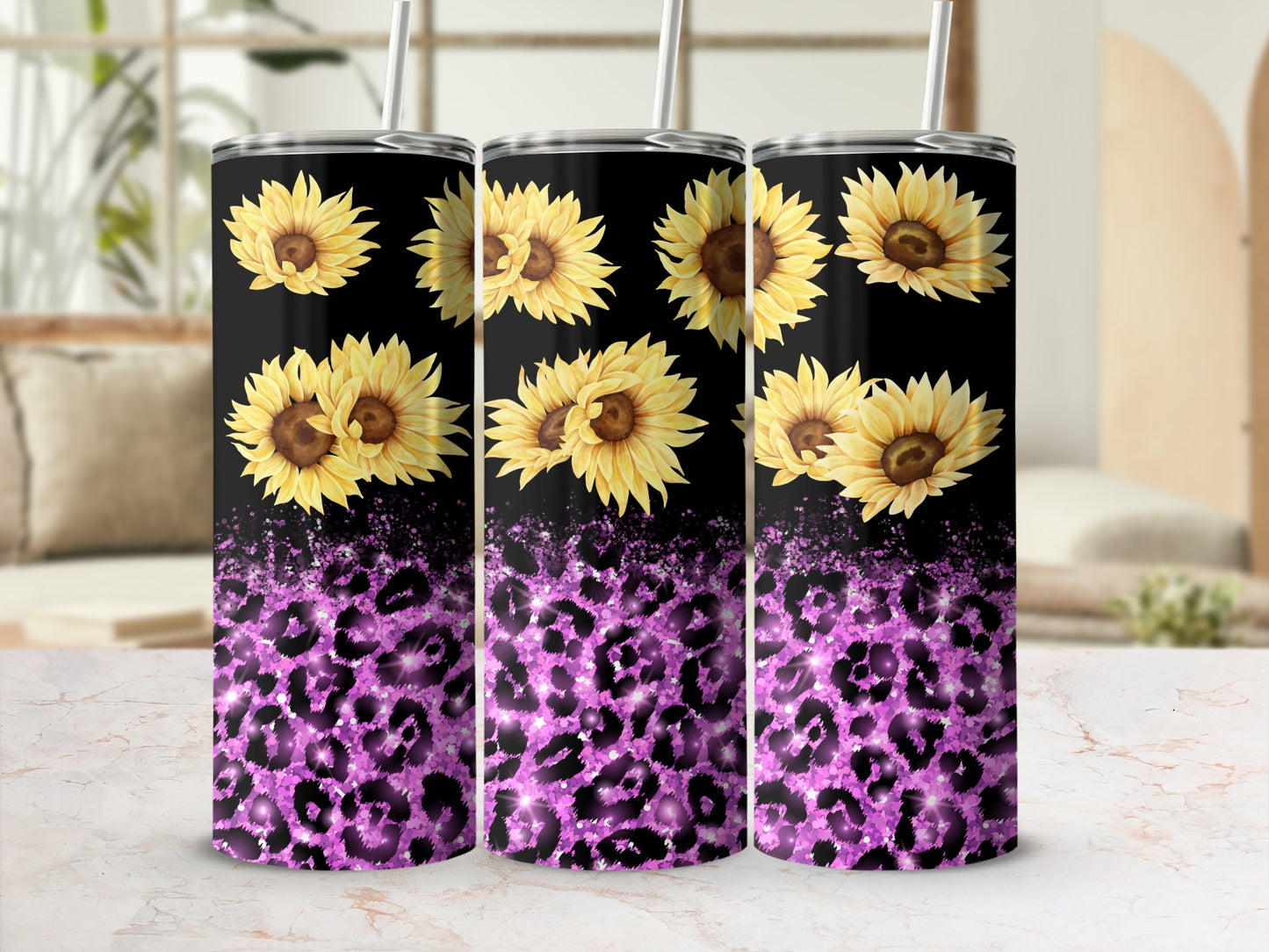 Black tumbler with purple leopard print and sunflowers.