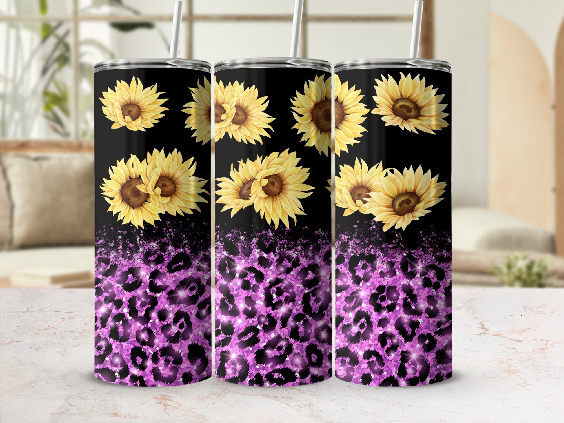 Black tumbler with purple leopard print and sunflowers.
