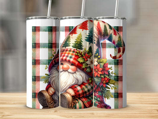 Gnome with plaid hat and trees, on buffalo plaid background.
