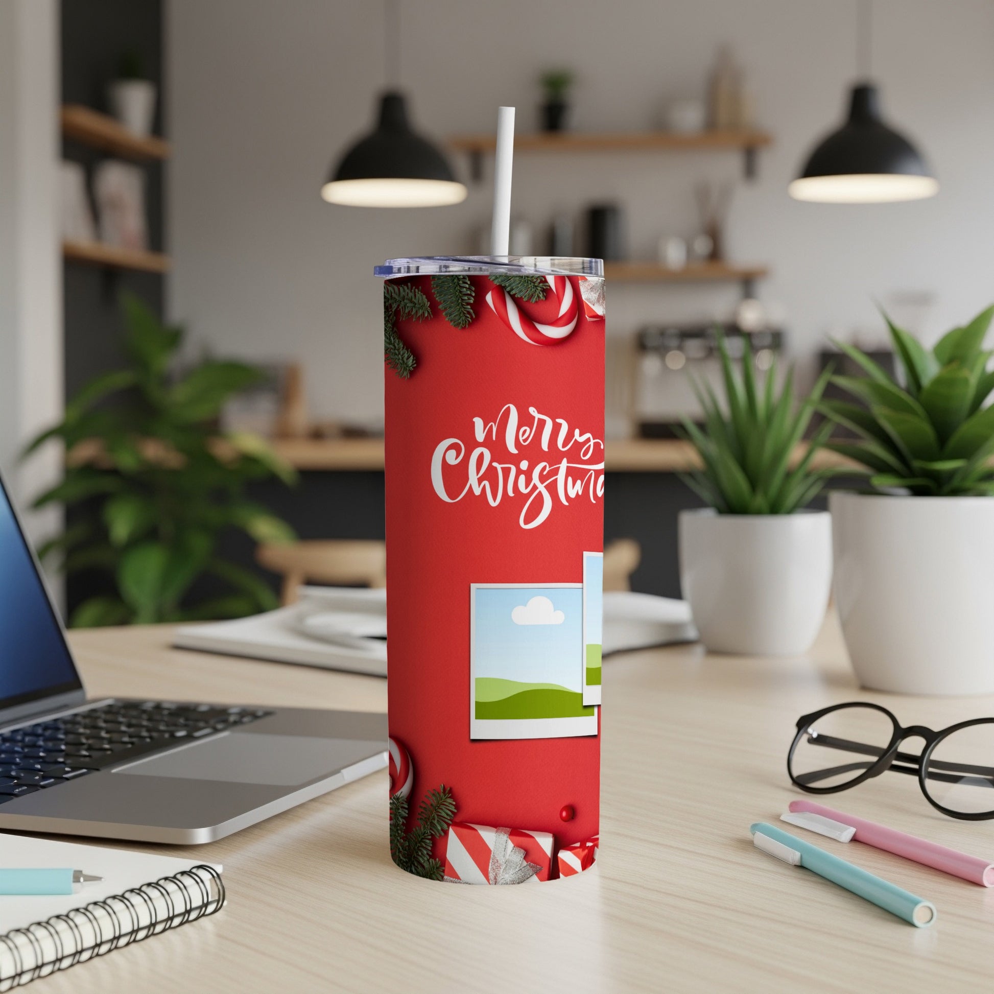 Red tumbler with "Merry Christmas" text, candy canes, and gift accents.