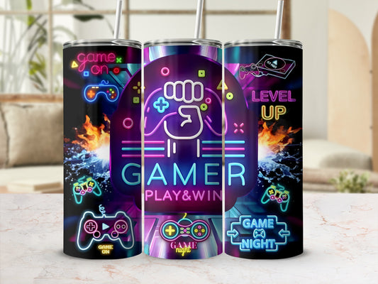 Gamer tumbler with neon game controller graphics and text: "Game On", "Level Up", "Gamer", "Play & Win", "Game Night".