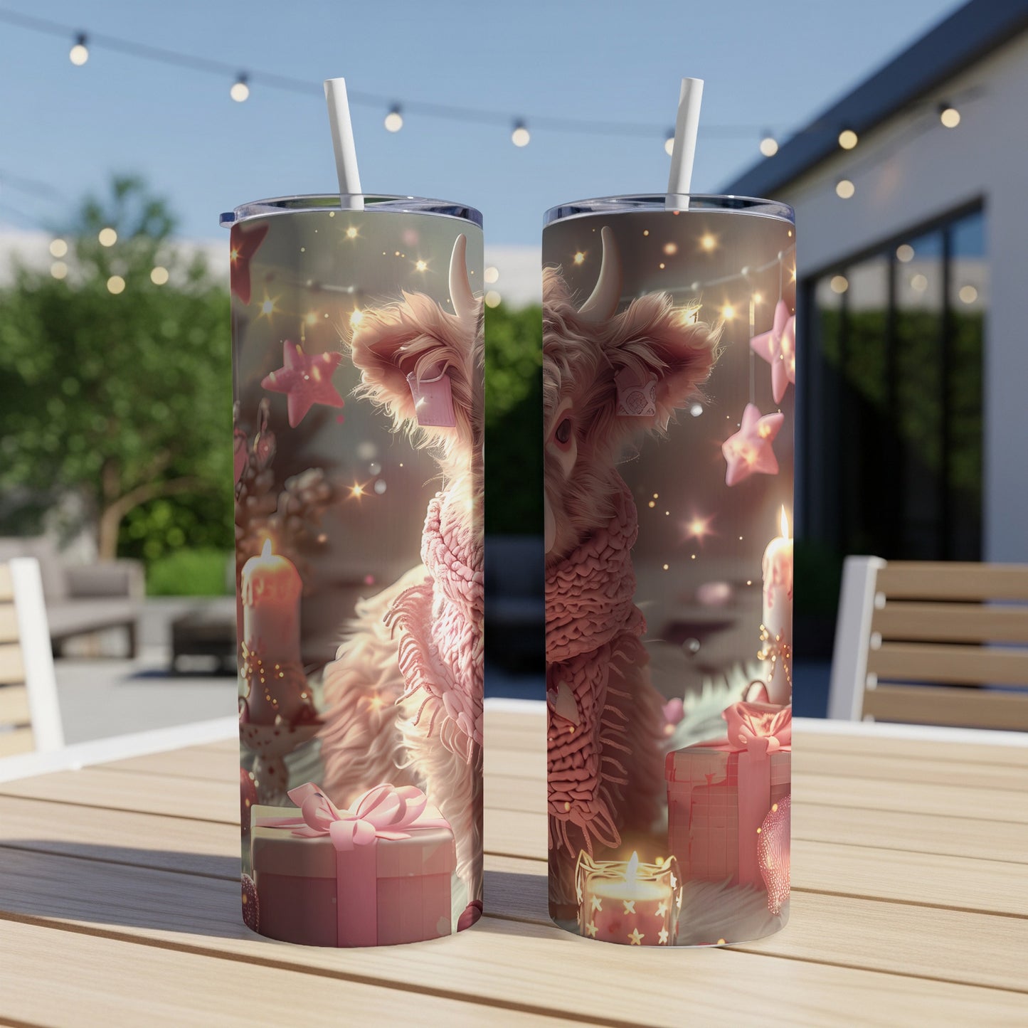 Two pink tumblers with a fluffy Highland cow design and festive decorations.