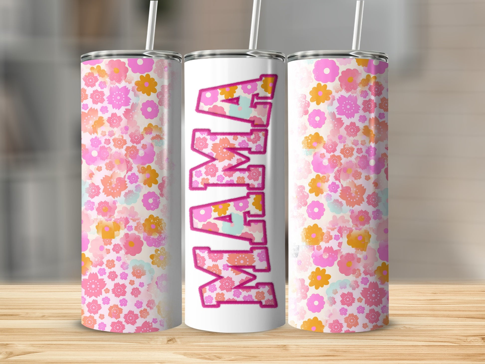 Floral Patterned MAMA Tumbler With Straw Drinkware