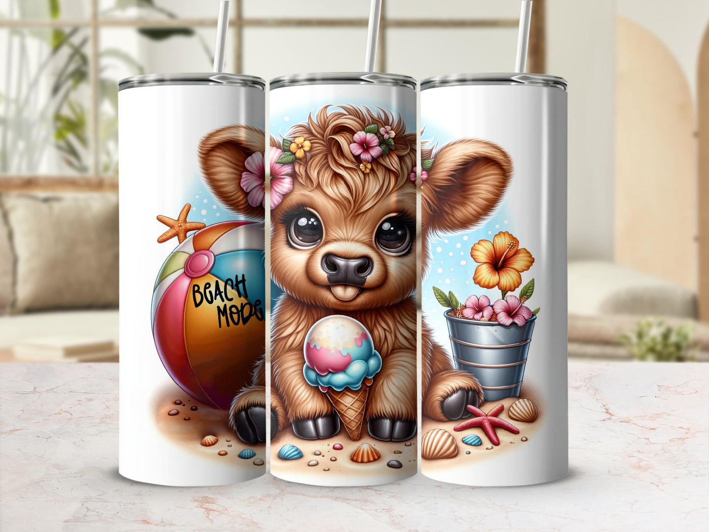 Cute baby cow with ice cream cone, beach ball, and flowers.