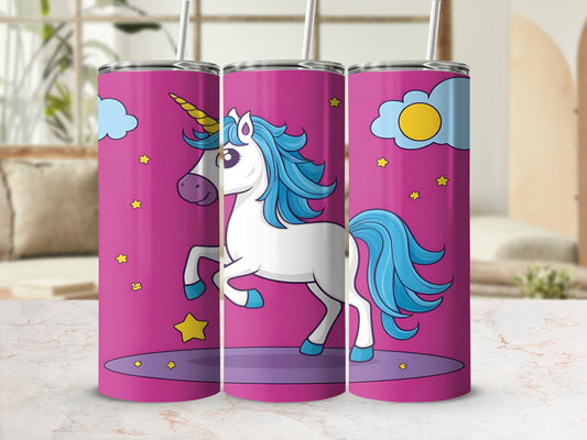 White unicorn with blue mane and tail on pink background with stars.