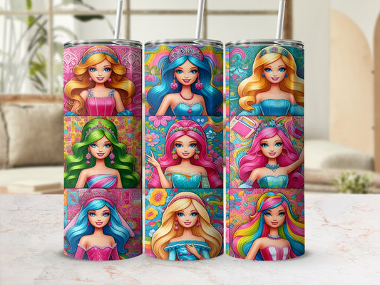 Pink and blue tumblers with cartoon princess illustrations and floral accents.