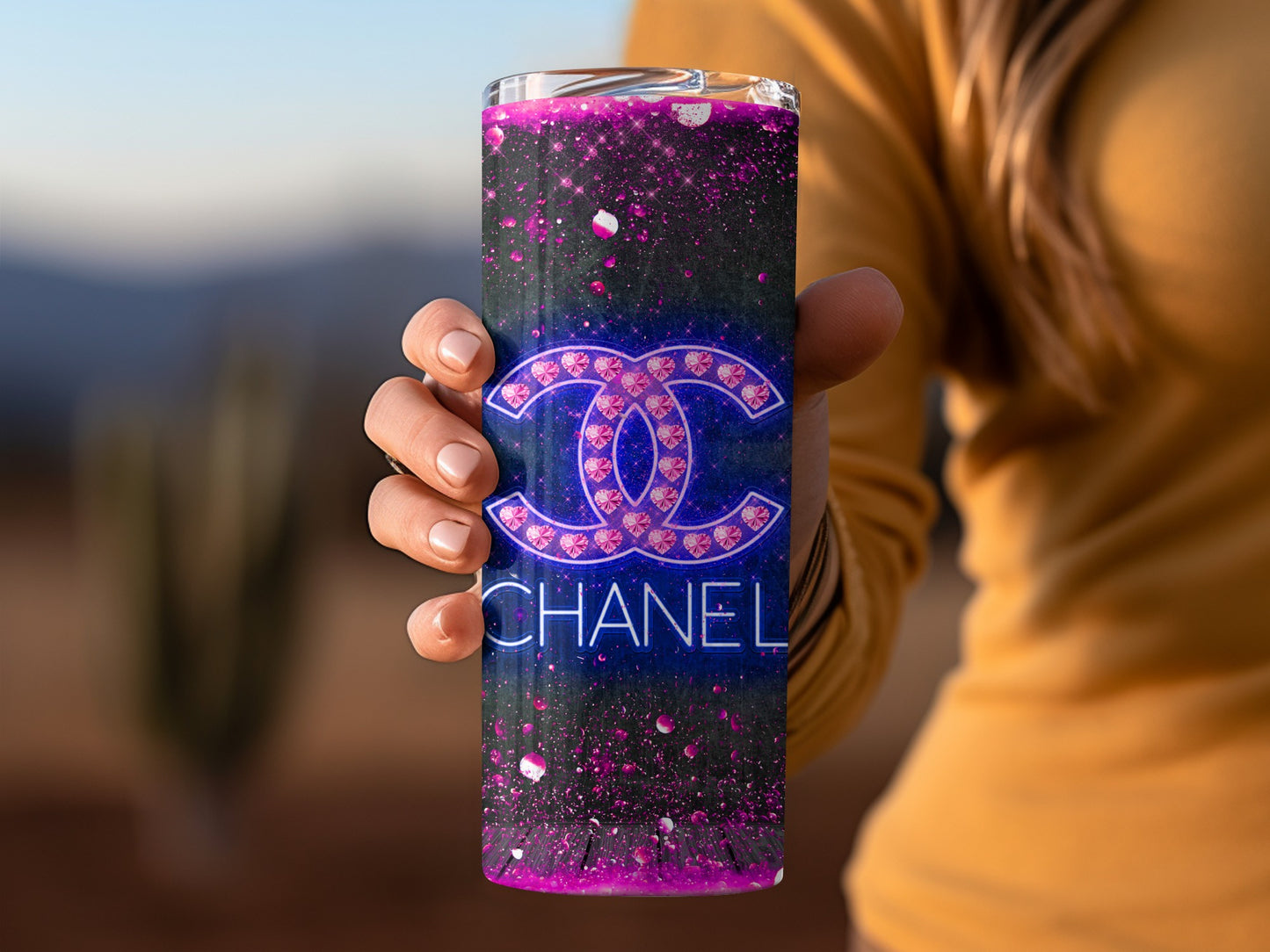Vibrant Chanel Logo Tumbler with Galaxy Design