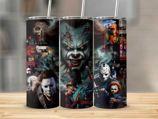Tumblers with collage of horror movie characters: Pennywise, Michael Myers, Freddy Krueger, Jason Voorhees, Chucky.