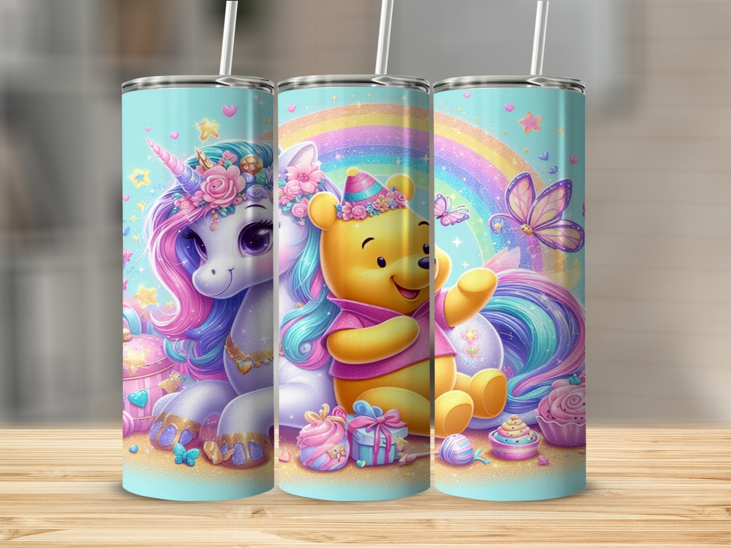 Colorful Unicorn and Bear with Rainbow Tumbler Set
