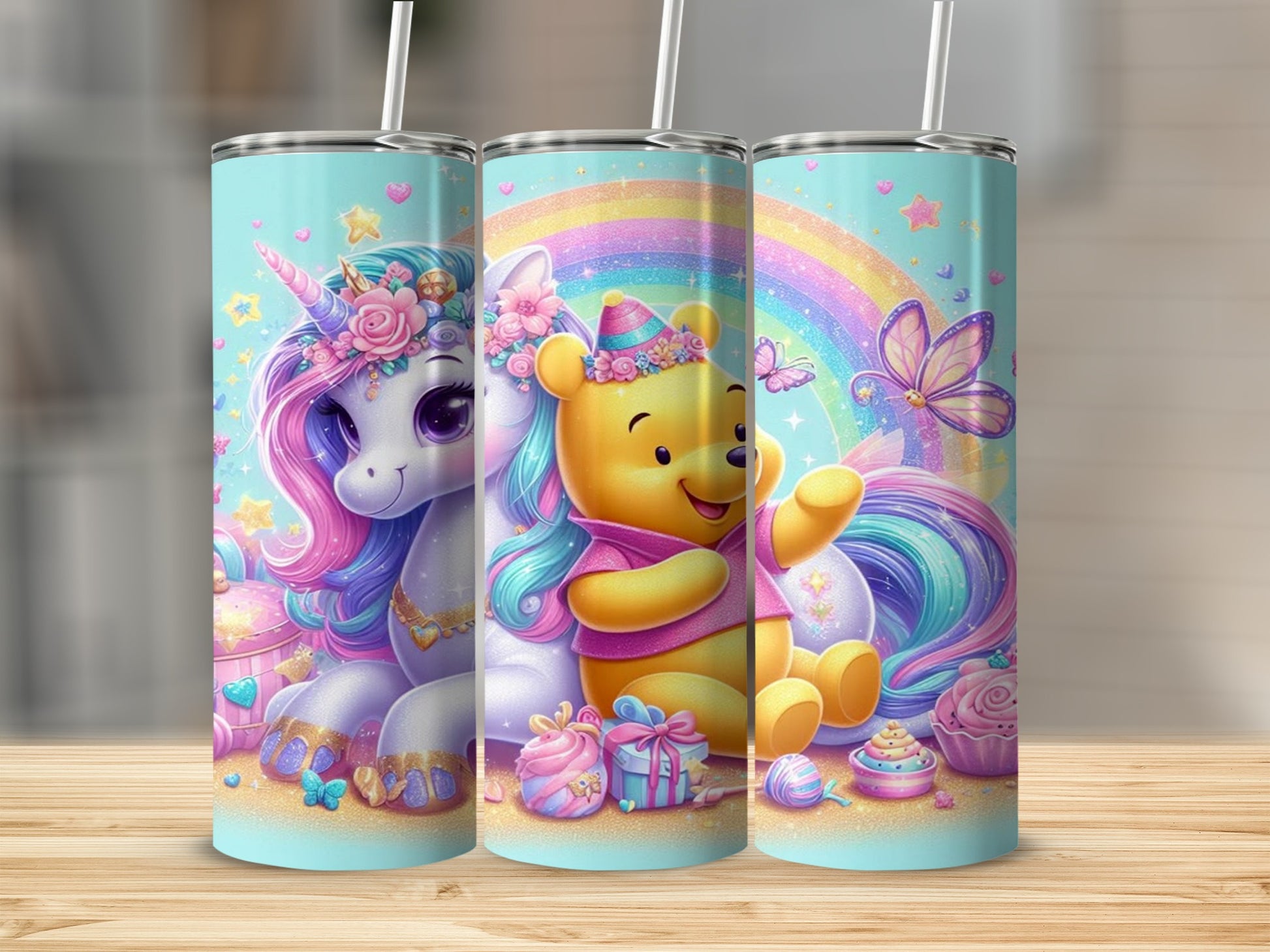 Colorful Unicorn and Bear with Rainbow Tumbler Set