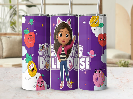 Gabby's Dollhouse tumbler with Gabby and colorful characters and fruit.
