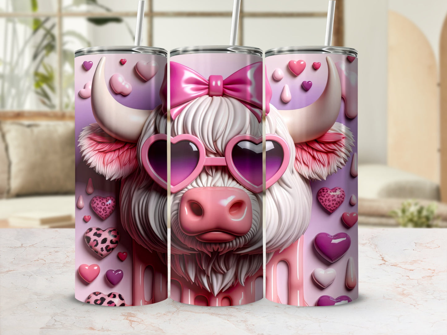 Pink Highland cow with heart-shaped sunglasses and a bow, on a tumbler.