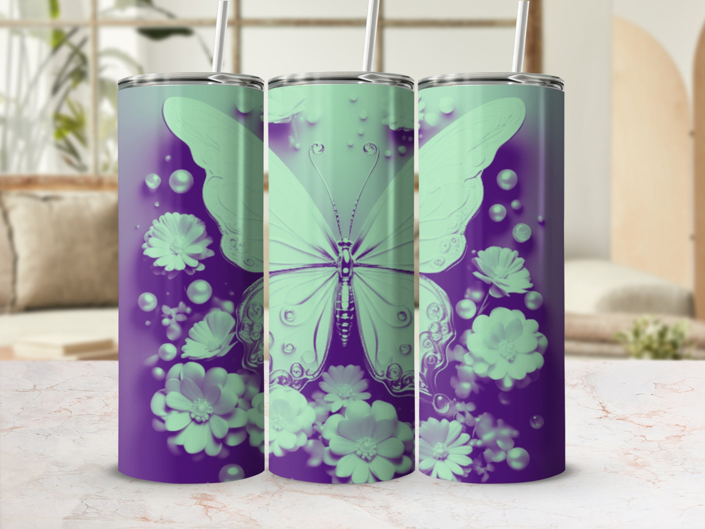 Mint green butterfly with flowers on a purple gradient tumbler.