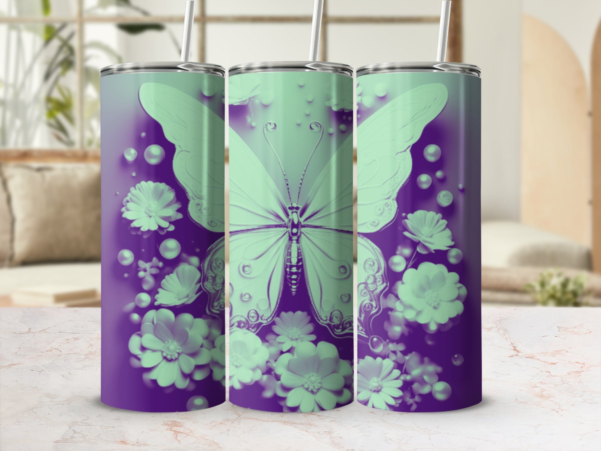 Mint green butterfly with flowers on a purple gradient tumbler.