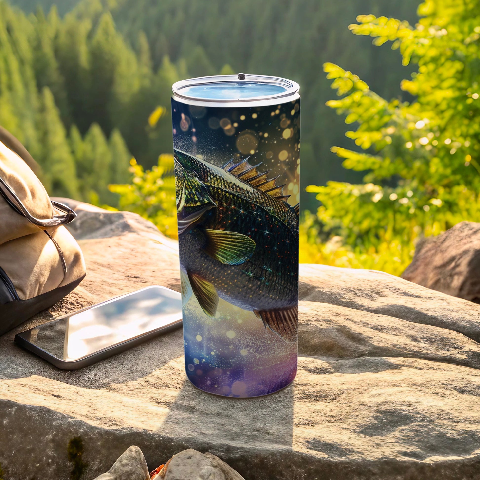 Fish tumbler with galaxy background on rock near phone and backpack.