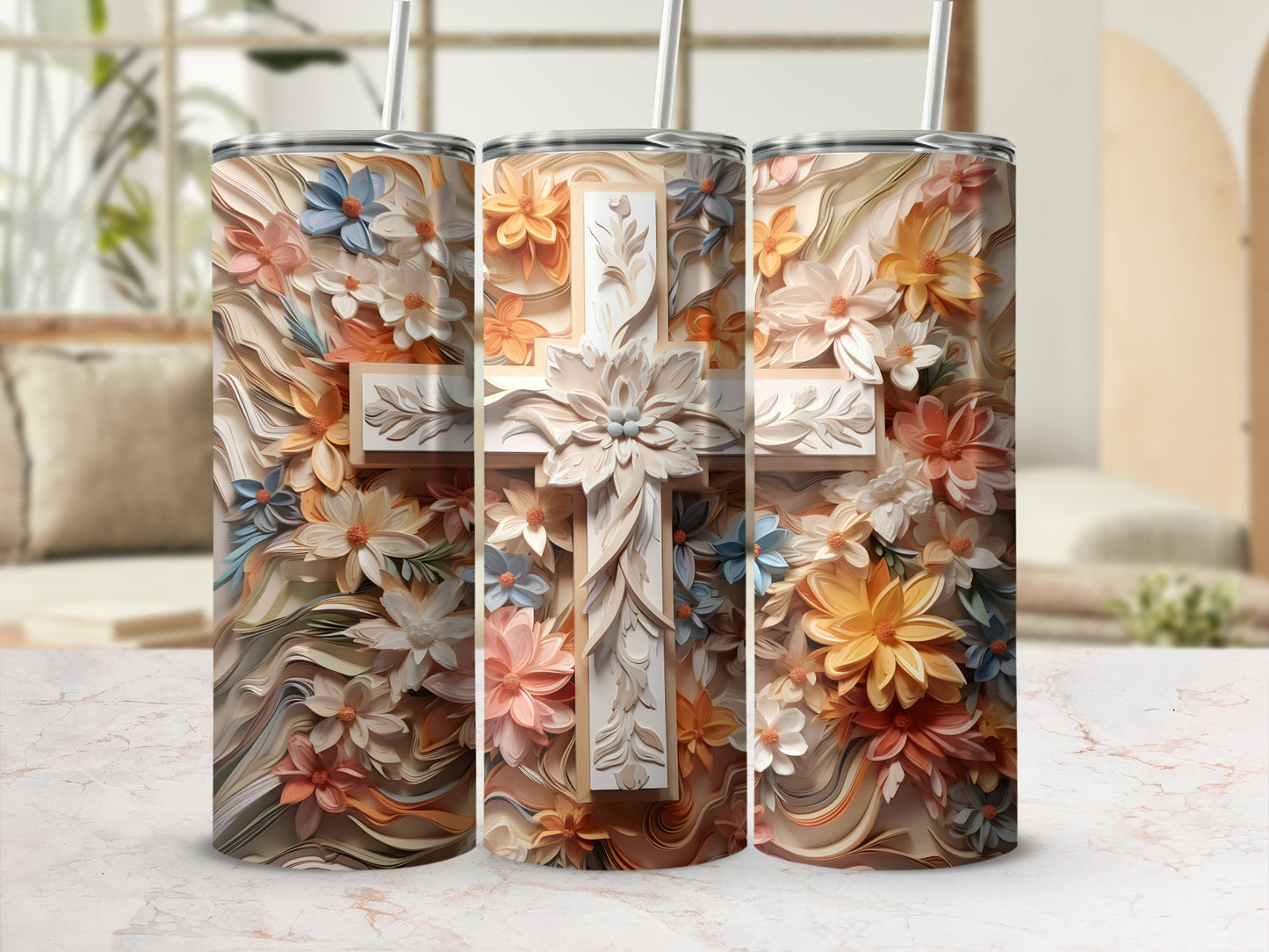 White cross on a textured background of colorful pastel flowers and leaves.