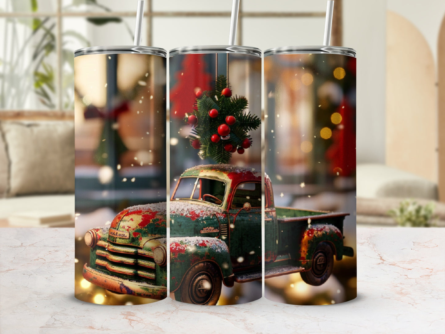 Vintage Christmas truck with tree, snow, and bokeh lights.