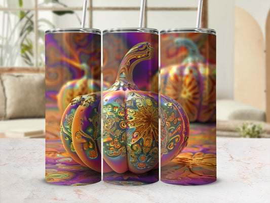 Tumbler with colorful, ornate pumpkin and mandala design.