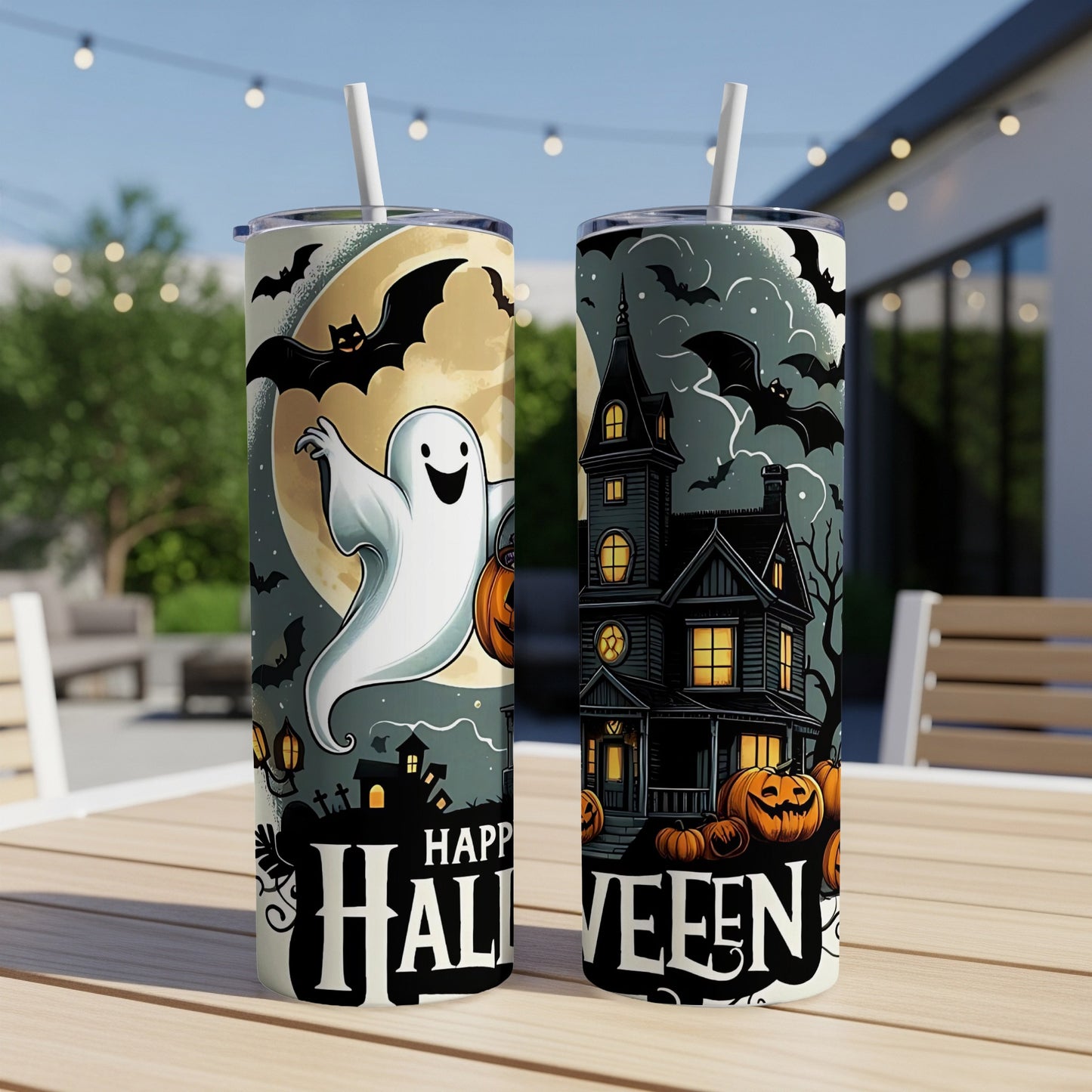 Two Halloween-themed tumblers with ghost, haunted house, bats, pumpkins, and text "HAPPY HALLOWEEN."