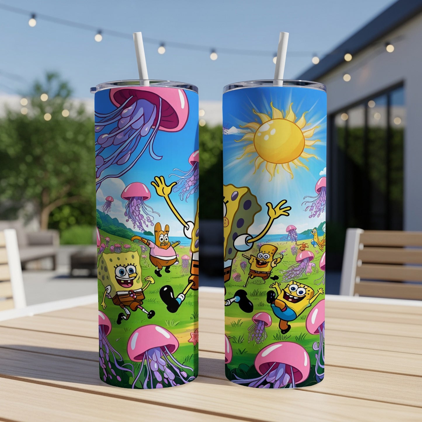 SpongeBob SquarePants characters dancing with jellyfish under a bright sun.