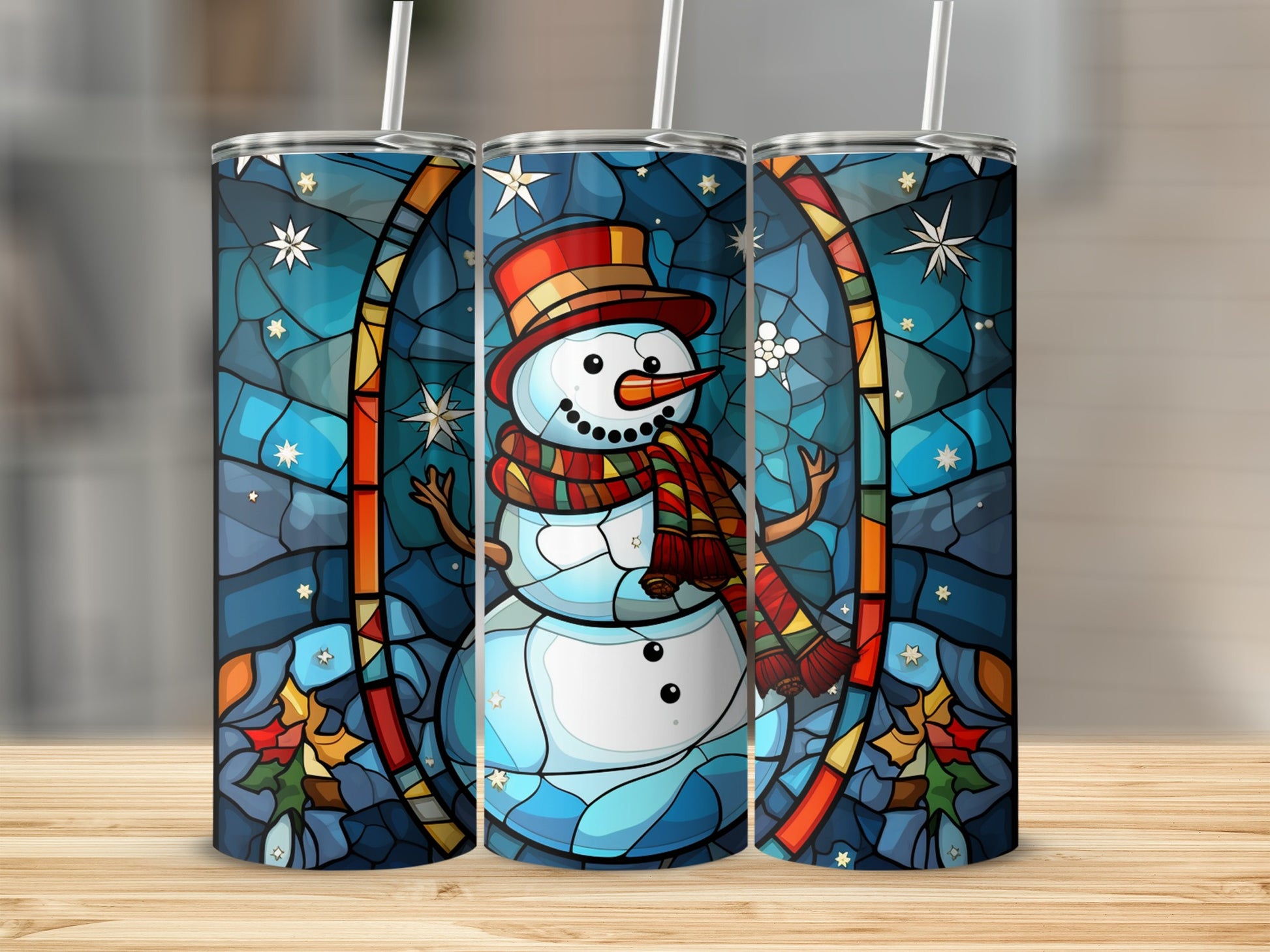 Stained glass snowman tumbler with red hat and scarf, framed by blue, yellow, and white stars.